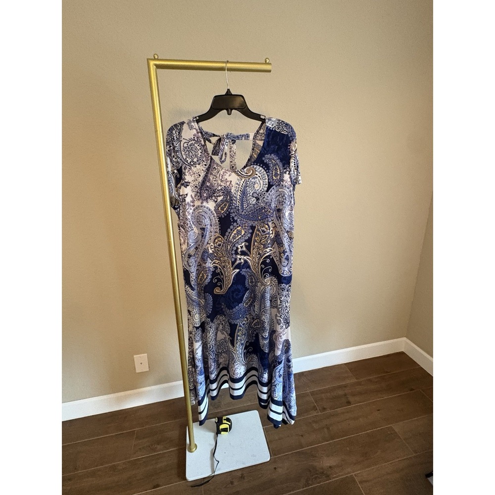 Chico's Women's Paisley Asymmetrical Striped Hem Midi Dress Size 2 Boho Resort